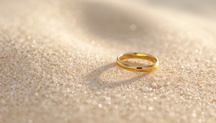 Elegant Gold Ring on Soft Sandy Beach with Gentle Sunlight Glare