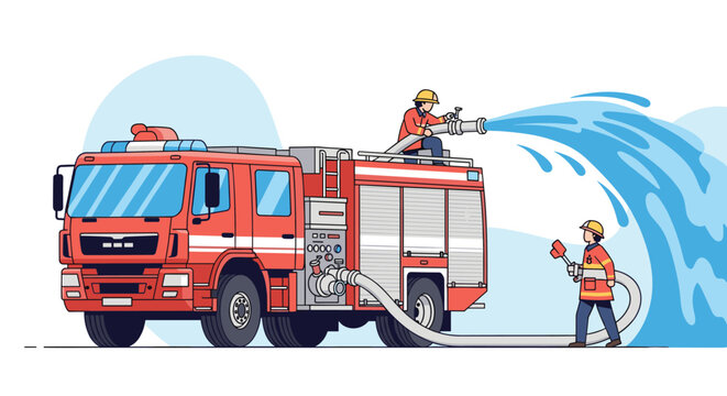 A team of two firefighters in full gear working together with a large red fire engine to spray a powerful stream of water.