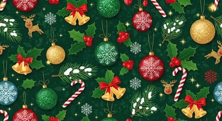 Christmas-themed pattern with green and red baubles, holly leaves, and candy canes on a dark green background.