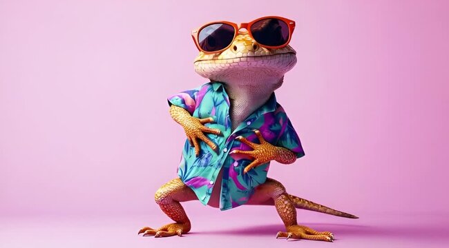Cool lizard in sunglasses posing in a colorful Hawaiian shirt on pink studio background, stylish 3D reptile character loop in 4K