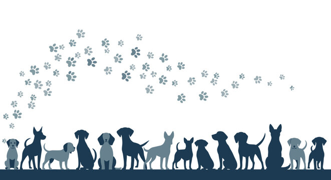 A beautiful silhouette of various dog breeds sitting in a line under a flowing arc of gray paw prints on a white background.