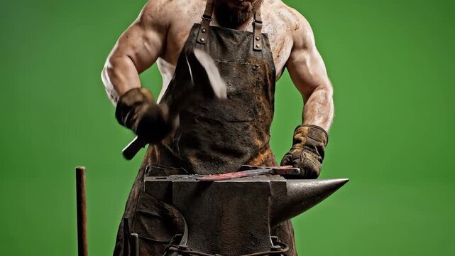 Rugged blacksmith forging metal on anvil with sparks.