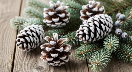 Christmas pine cones and branches on a wooden table.