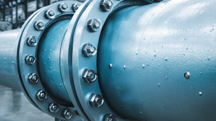 Close-up of industrial pipe with bolted flanges, showing metallic texture and connecting elements. Industrial setting