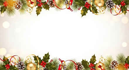 Christmas-themed border with pine cones, holly, and baubles against a white background.