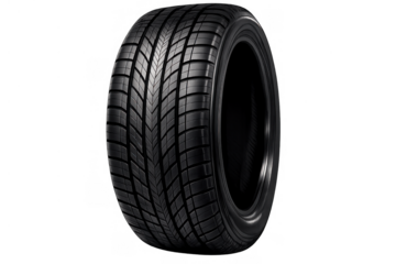 New black rubber tire with detailed tread pattern standing on a transparent background for automotive and safety themes