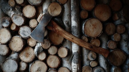 Close-up of stacked firewood with a single axe placed horizontally across the logs. The light reveals the wood grain