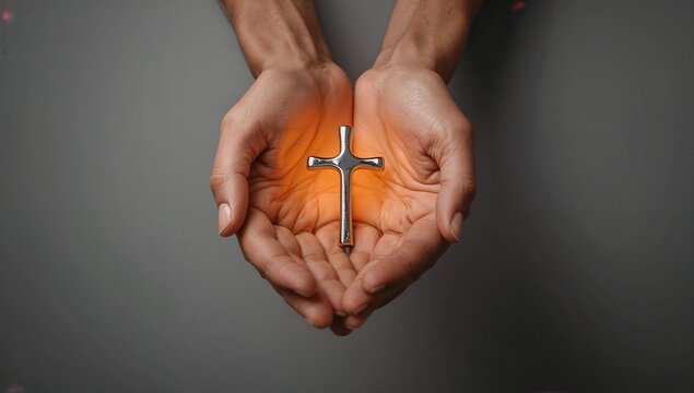 Hands Holding a Silver Cross Symbolizing Faith and Hope