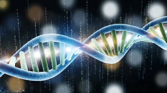 Glowing blue dna double helix structure with binary code background representing genetic engineering and biotechnology concepts