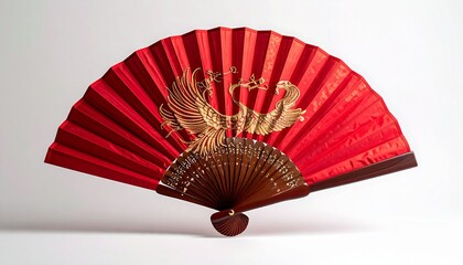 Red Handheld Fan with Gold Phoenix on White Background