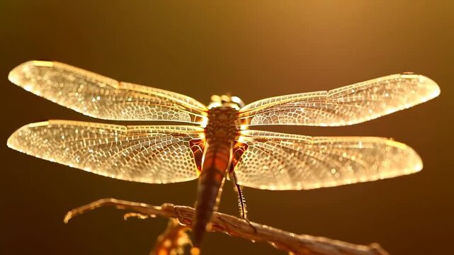 Dragonfly rests on a twig, wings backlit by warm sunlight, perfect for nature articles