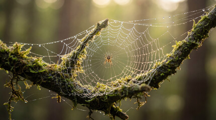 Spider on a mossy web with water droplets