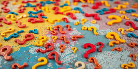 Obraz premium Intriguing background of scattered question marks on various surfaces, puzzle, question