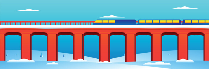 A modern winter landscape illustration featuring a high-speed train crossing a classic bridge. Designed with clean shapes, vibrant colors, and a professional flat style, this artwork represents innova © fkrbahtiart