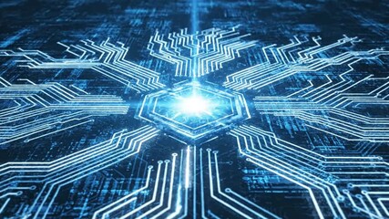 Futuristic glowing blue circuit board background for technology advancements, innovation, and digital solutions for data processing and computer science - Powered by Adobe