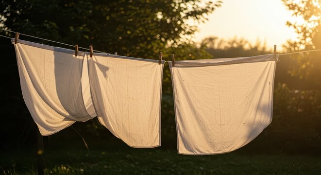Fresh laundry billows gently on a rustic clothesline outdoors, illuminated by golden sunlight, symbolizing simple, clean domestic harmony ,backyard, wash, pleasure