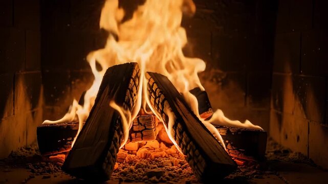 A warm and cozy fire burning in a fireplace with wooden logs
