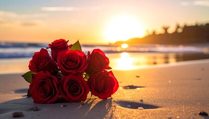 A bouquet of red roses lies on a sandy beach. The sun sets over the ocean, casting a golden glow