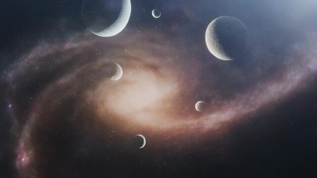 Spiral galaxy with multiple moons orbiting planets.