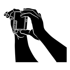Two human hands holding cellphone. Taking picture or video. Cartoon style. Black and white silhouette.