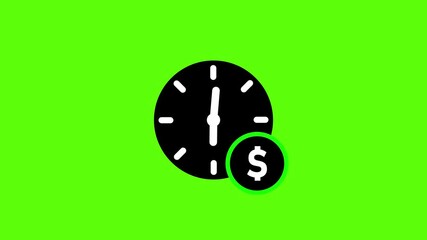 Black clock icon with dollar sign overlay on bright green background Keywords: clock, time, money, dollar, finance, currency, icon, symbol, illustration, graphic, design, business, financial