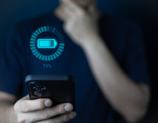 Mobile phone displaying Electric Car EV battery charging station charging in car port, efficient sustainable eco environmental power energy fueling industry of eclectic vehicle