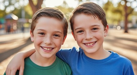 Two young boys smiling at the camera in a park.