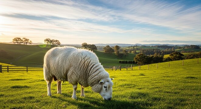 A white sheep grazing in a lush green field with a wooden fence and distant hills in the background.