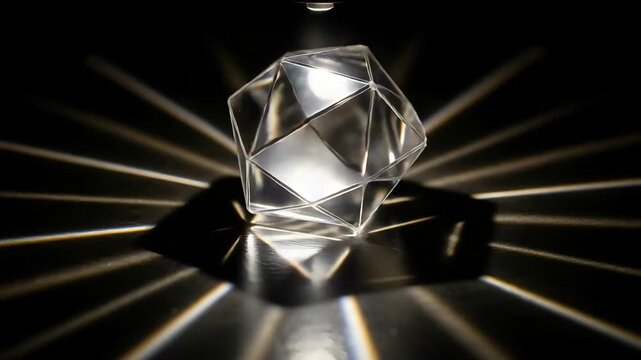 A clear glass or crystal geometric dodecahedron shape reflecting light on a dark surface with rays of light emanating from it