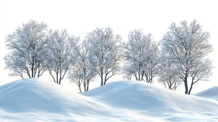 A serene snow-covered landscape featuring snow drifts and frosted trees under a crisp, white sky