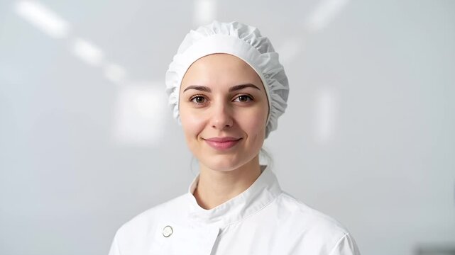 白背景のスタジオで撮影された食品加工工場勤務の白人女性。
白い衛生作業服とヘアネットを着用した規定準拠の清潔な外観。
明るく均一な照明が安全性と信頼感を強調