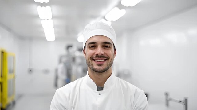 白背景のスタジオで撮影された食品加工工場勤務の白人男性。
白い衛生作業服とヘアネットを着用した清潔で規定準拠の外観。
明るく均一な照明が食品安全と品質管理の印象を強調。