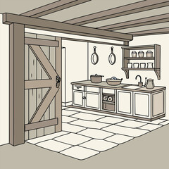 Rustic Kitchen Interior with Wooden Door and Countertop.