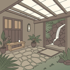 Serene indoor garden with a small waterfall and lush plants.