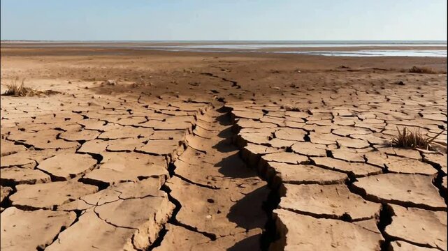 Vast parched earth with cracked ground and a single track disappearing into the distance