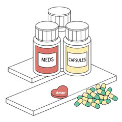Three medicine bottles and capsules with a heart shaped candy.