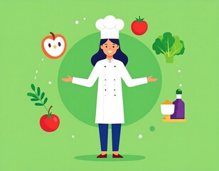 A chef, wearing a tall hat and white coat, stands with arms open, surrounded by animated vegetables and ingredients