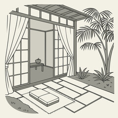 Traditional Japanese Room with Sliding Doors and Tatami Mat.