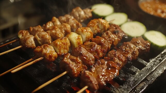 Delicious and smoky grilled satay skewers with fresh cucumber slices on a hot barbecue