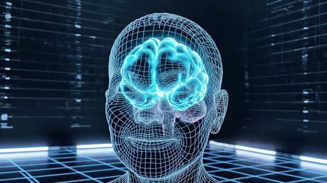 A digital representation of a human head in profile with a glowing blue brain and pink brain stem
