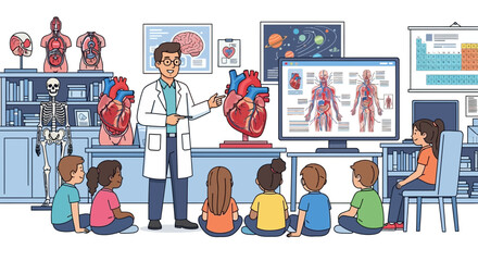 Doctor Teaching Children Human Anatomy Models.