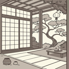 Traditional Japanese Room with Tatami Mats and Shoji Screens.