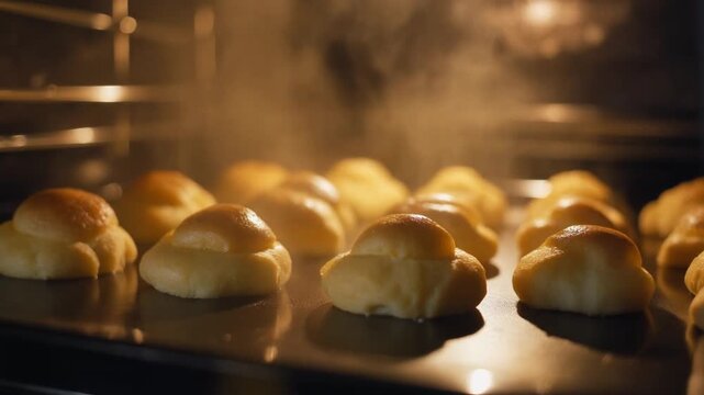 Freshly baked golden bread rolls rising in a warm oven with steam.