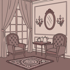 Two ornate armchairs and a small table with tea set.