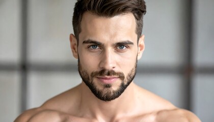A close-up portrait of a handsome man with a short beard and blue eyes. He's looking directly at the viewer with a neutral expression