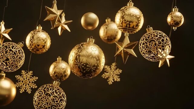 Golden christmas ornaments and stars hanging on strings against dark background for holiday decoration