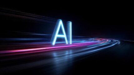 Illuminated "AI" text floating amidst blurred streaks of light against a stark black background, symbolizing artificial intelligence