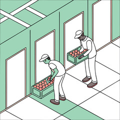 Two workers are carefully sorting and packing fresh apples into crates.