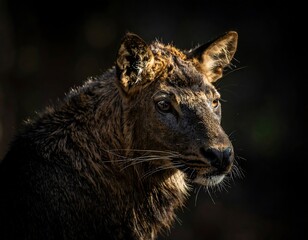 A close-up portrait showcases a majestic creature, its fur glistening in dappled sunlight, set against a dark, contrasting backdrop