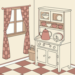 Vintage Kitchen Hutch with Kettle and Dishes.